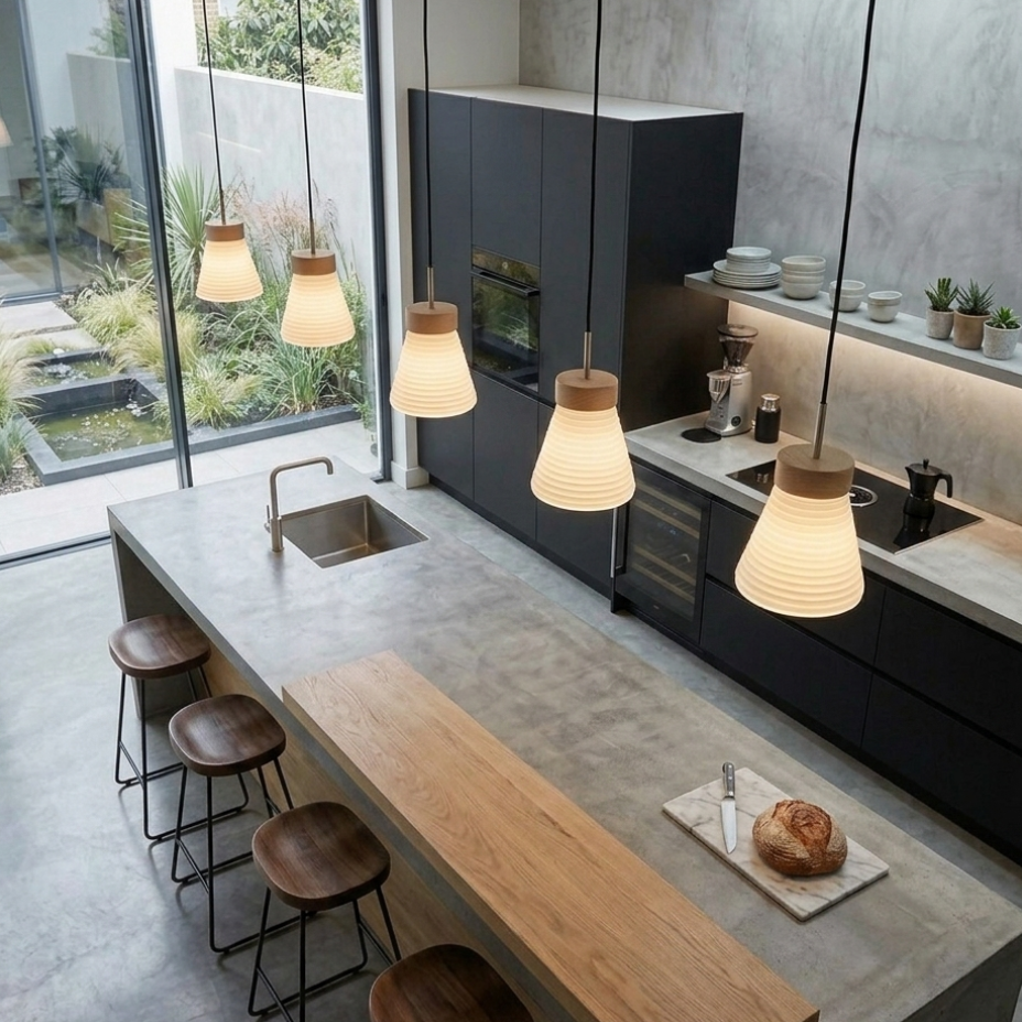 Modern kitchen island with a concrete-look countertop and a long light wood bar top, surrounded by four dark wood stools. Pendant lights hang over the island, and the background shows dark cabinetry, shelves with dishes, and a large window overlooking a garden.