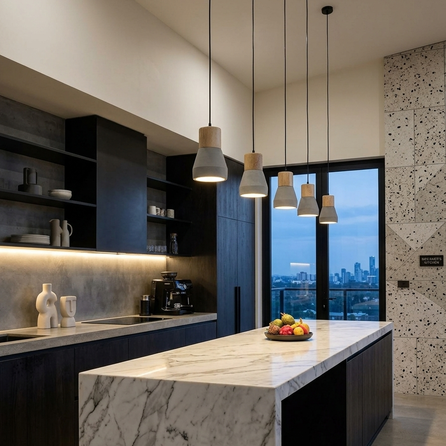 Modern kitchen interior with a large white marble island, dark wood cabinetry, pendant lights, and a city view through floor-to-ceiling windows.