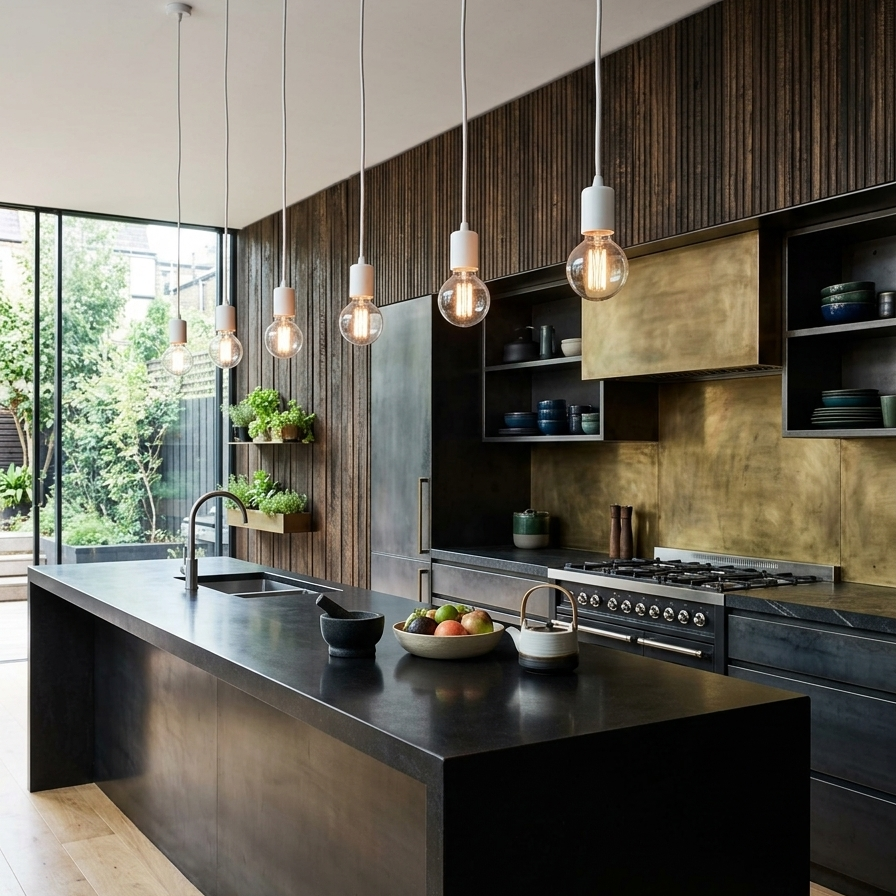 A modern kitchen interior with a large black island, dark wood cabinets, brass-toned backsplash, pendant lights, and a visible outdoor patio area through a large window.