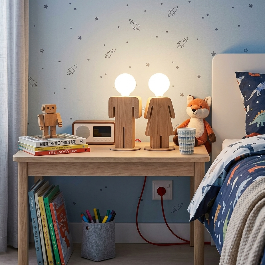 A children's bedroom scene with a light wood bedside table against a blue wallpaper decorated with white rocket and astronaut drawings. Two wooden figure-shaped table lamps with glowing round bulbs sit on the table, alongside a small robot toy, books, a radio, a cup, and a plush fox.