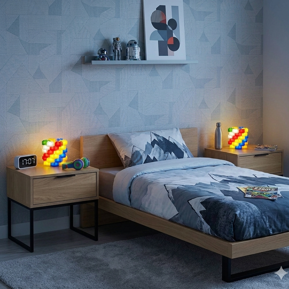 A modern bedroom scene with a low wooden bed frame, matching nightstands, and colorful geometric block-style lamps glowing on both sides of the bed. The room has patterned wallpaper, a floating shelf with framed art, and a gray rug.