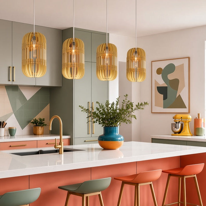 A modern kitchen interior with sage green and coral cabinetry, a white island countertop, pendant light fixtures, and three bar stools in front of the island.